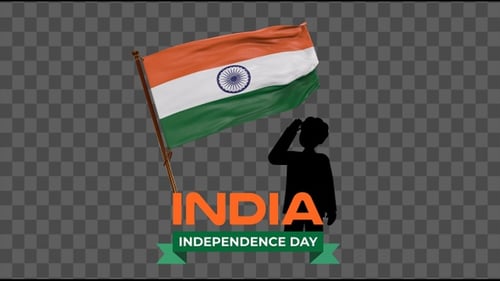 Waving Indian Flag with Saluting Silhouette and Independence Day Text