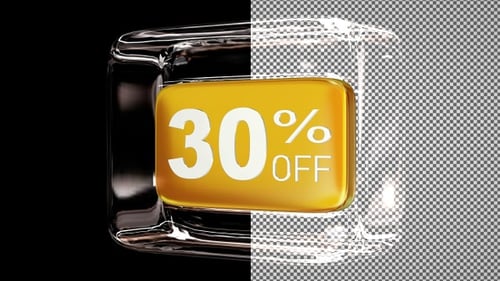 Glass cube with discount text - 30 percent off, Alpha Channel, Looped, Gold Plate, Exclusive