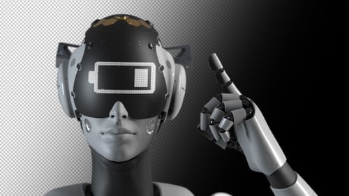 Der Roboter macht eine Geste, die die Informationen auf dem Display einer „vollständig entladenen Batterie“ anzeigt