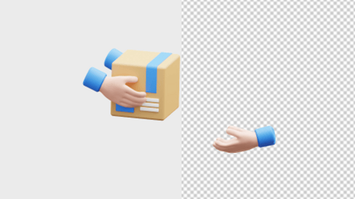 Hände liefern 3D-Cartoon zur Paketzustellung