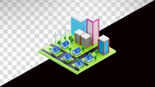 Animación 3D de una ciudad con casas y torres