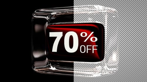 Glass cube with discount text - 70 percent off, Alpha Channel, Looped, Exclusive
