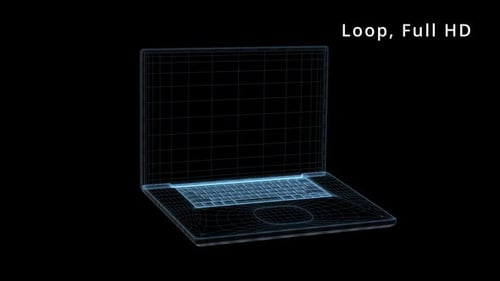 Futuristic Wireframe Laptop Rotating Display Animation