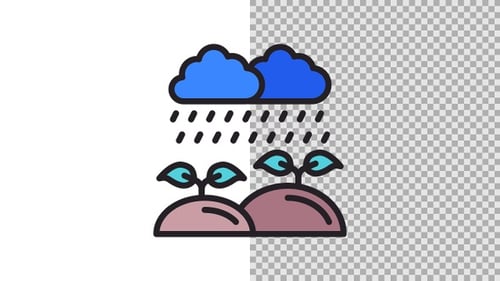 Animated Flat Design Icon of Watering Plants with Clouds and Rain