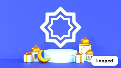 Blue 3D Ramadan Scene with Lanterns and Mosque Model | Alpha Channel