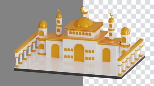 3D Animation Construction of a Majestic Mosque in Shimmering White and Elegant Gold | Alpha Channel