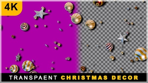 3D Render Falling Christmas Decorations Golden Balls, Stars On Transparent Background