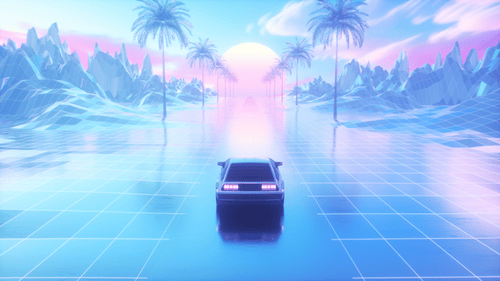 Riding Car And Landscape At Sunset Colorful Synth Wave Looped Background