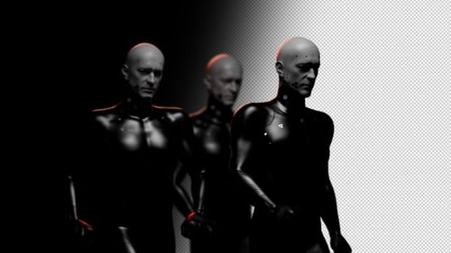 confident gait of a group of hypertonic robots or soldiers