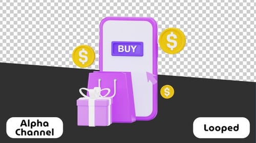 3D Mobile Online Shopping Concept with Gift Box and Coins