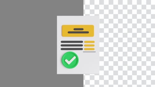 Animación 3D del símbolo de una lista de verificación redonda en un documento | Alpha Channel