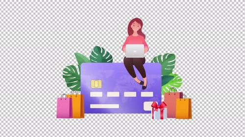 Animated Online Shopping Illustration with Person, Credit Card, and Shopping Bags