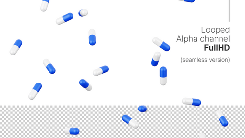 Falling pills alpha loop animation. Blue and white capsules FullHD