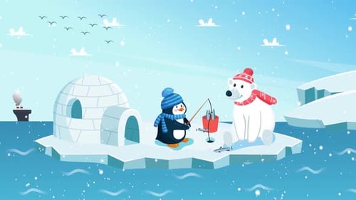 Penguin & Polar Bear Catching Fish in Ocean - Christmas Holiday - Antarctica - Cartoon Animations