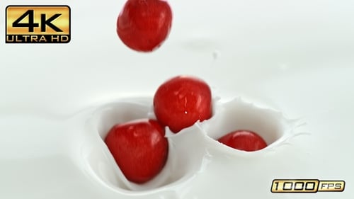 Red Berries Splashing into Cold White Milk