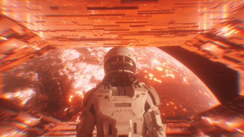 Astronaut Walking In Sci Fi Tunnel With View On Apocalyptic Burning Planet Earth