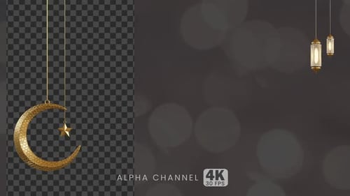 Golden Star And A Unique Crescent With Ramadan Lanterns Are Hanging 3d Animation