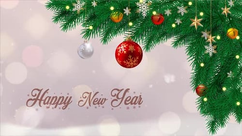 Sparkling Happy New Year Title with Festive Christmas Decorations