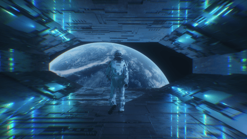 Astronaut Walking In Sci Fi Neon Spaceship Tunnel With Planet Earth View