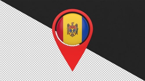 3D Map Pin with Moldova Flag Rotating Animation