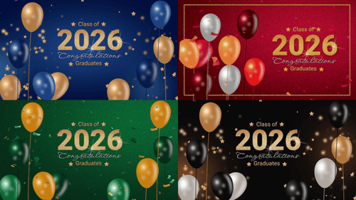 Graduation Class of 2026 Title with Balloons and Confetti