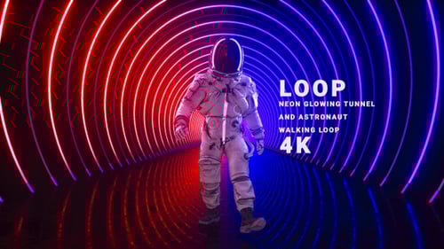 Neon Glowing Tunnel And Astronaut Walking Loop