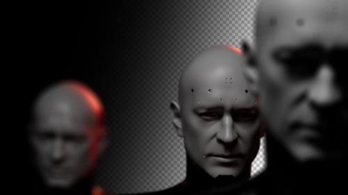 the confident gait of a group of hypertonic robots or soldiers . close-up portraits