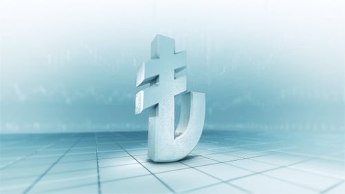 Rotating 3D Turkish Lira Symbol on a Futuristic Digital Background