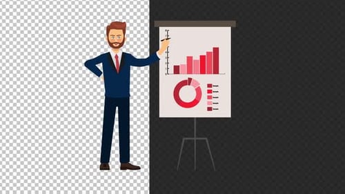 Animated Businessman Presenting Corporate Data Chart in Flat Design