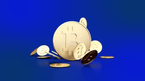 Animated Gold Bitcoin Coins Falling and Settling