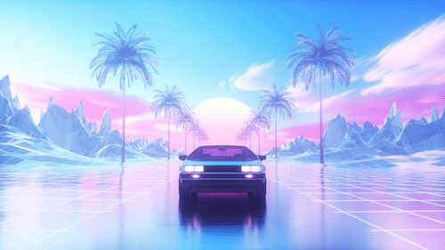 Colorful Synth Wave Style Background Of Riding Car And Landscape Loop
