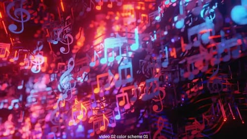 Neon Glowing Musical Notes and Treble Clefs Abstract Background Loop