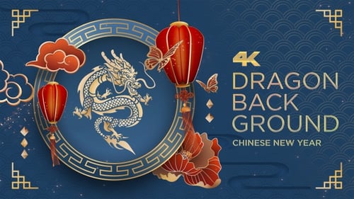 Chinese New Year Celebration Title with Golden Dragon and Lanterns