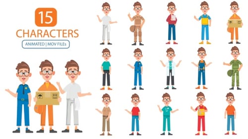 Animated Flat Design Characters in Various Professions