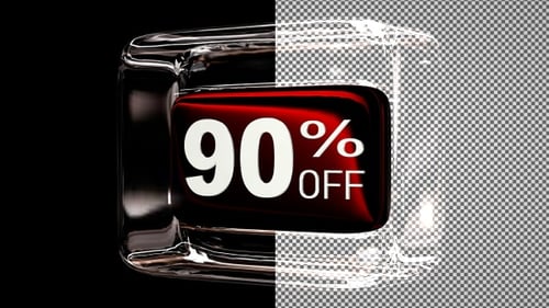 Glass cube with discount text - 90 percent off, Alpha Channel, Looped, Exclusive
