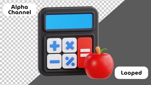 3D Animation Calculator with Red Apple – Counting Calories and Nutrition | Alpha Channel