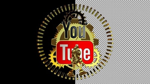 Rotating YouTube Logo with Gold Clock Mechanism and Robot, Alpha Channel, Exclusive, 3D Render