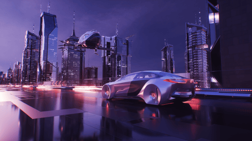Une Voiture Futuriste Roulant Sur Une Route Interminable Entre Des Gratte-ciel, Boucle De Toile De Fond Cinématographique