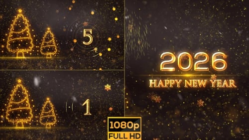 Golden Christmas Trees New Year Countdown with Glittering Fireworks