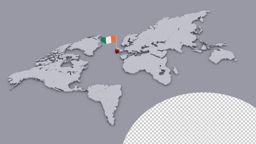 3D World Map Pin Drop with Ireland Flag Animation