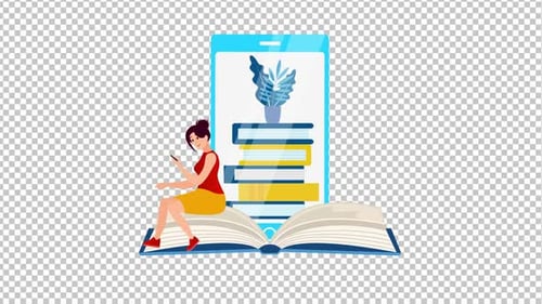 Woman Sits Book Reads Digital Library Animation