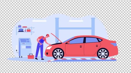 Mechanic Repairing Car Garage Animation Alpha Channel 1080p