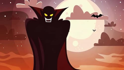 Halloween Animated Vampire Character with Flying Bats and Moon