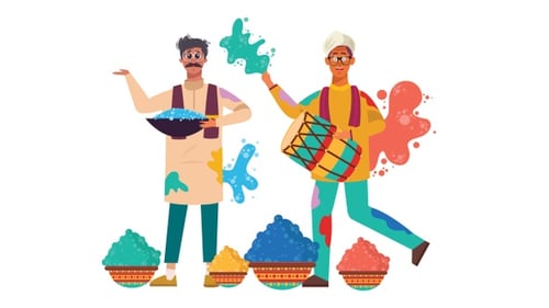 Holi Festival Celebration with Animated People and Color Splashes