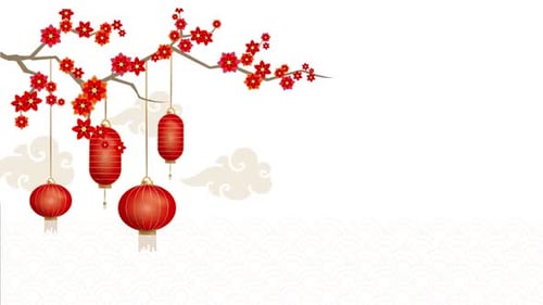 Animated Chinese New Year Plum Blossom Branch with Red Lanterns