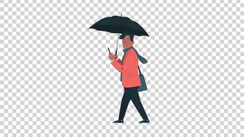 Animated Man Walking with Umbrella and Phone