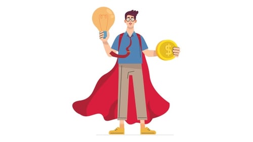 Animated Business Man with Lightbulb Idea and Dollar Coin
