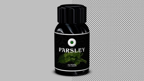 Parsley in modern black bottle rotates endlessly on clear backdrop, perfect for culinary themes