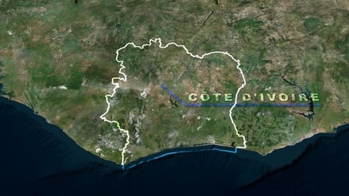 World Map Zoom into Côte d'Ivoire Borders and Name Reveal