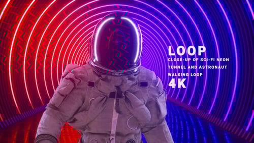 Close Up Of Sci Fi Neon Tunnel And Astronaut Walking Loop